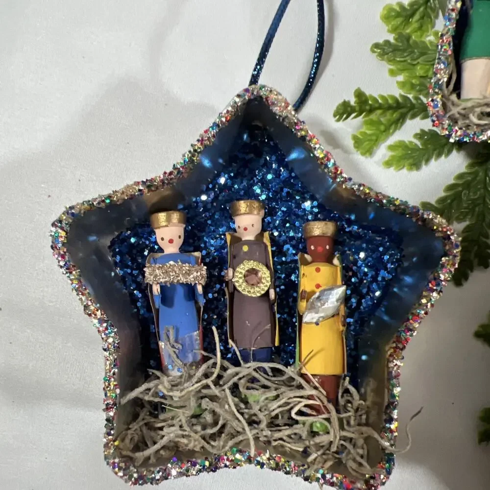 Handmade Vintage Star Tart Tins Nativity Trio Set of 3 Ornaments Glitter Diorama